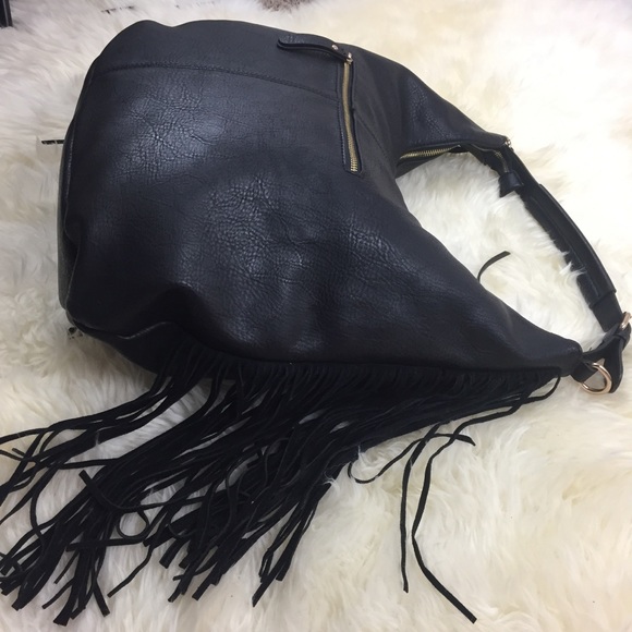 Moda Luxe Handbags - Large Black Leather Fringe Hobo Bag Moda Luxe